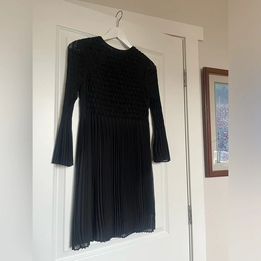 Topshop Black Diamond Pleated Black Dress with Bell Sleeves
